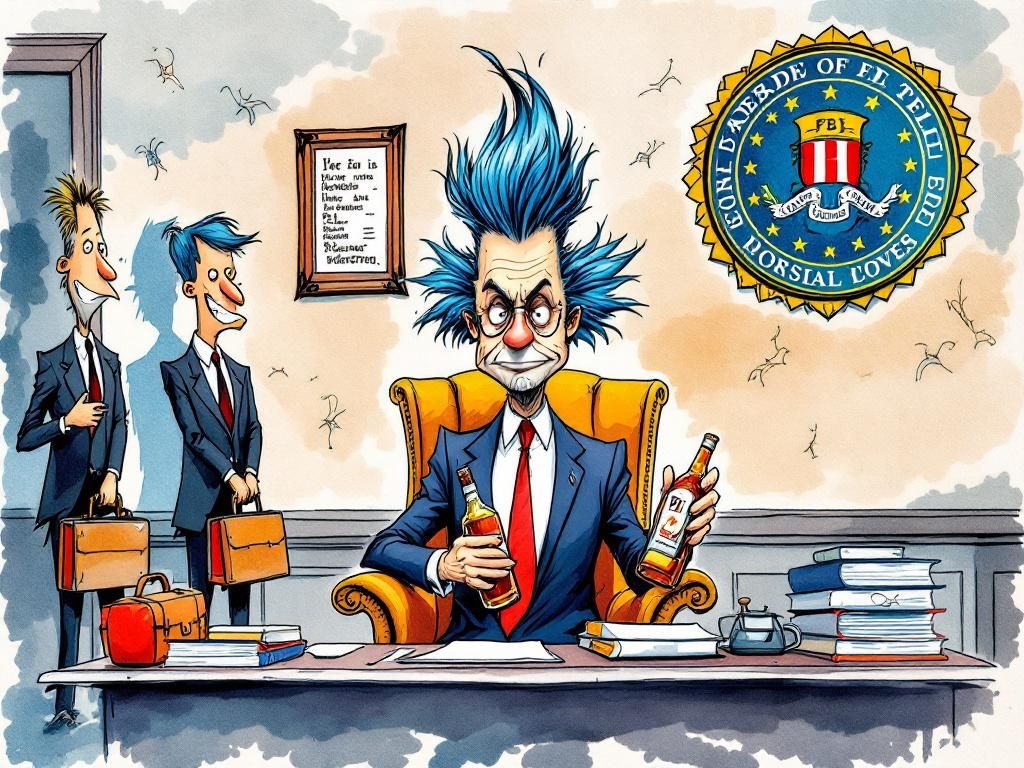 Kash Pat-Tel handing out FBI bourbon bottles demanding polygraphs with his enemies list on the wall
