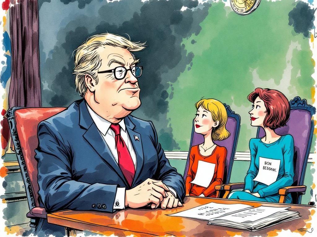 Bess-Ent defending tariffs he opposed with three fired women's empty chairs behind him