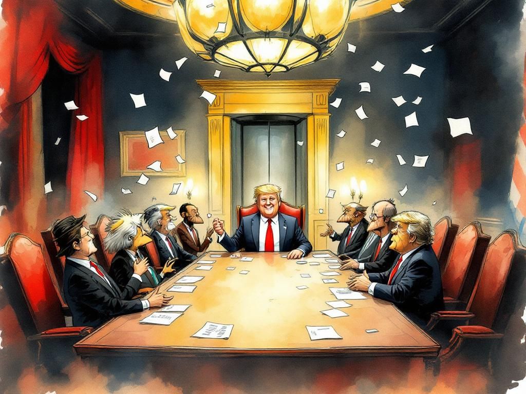 Trumpy-Wumpy presiding over his chaotic cabinet table full of loyalists misfits and empty chairs